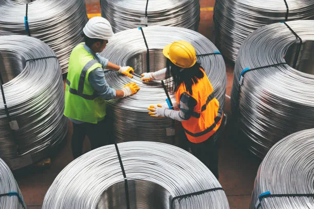Workers inspecting aluminium conductor wire coils